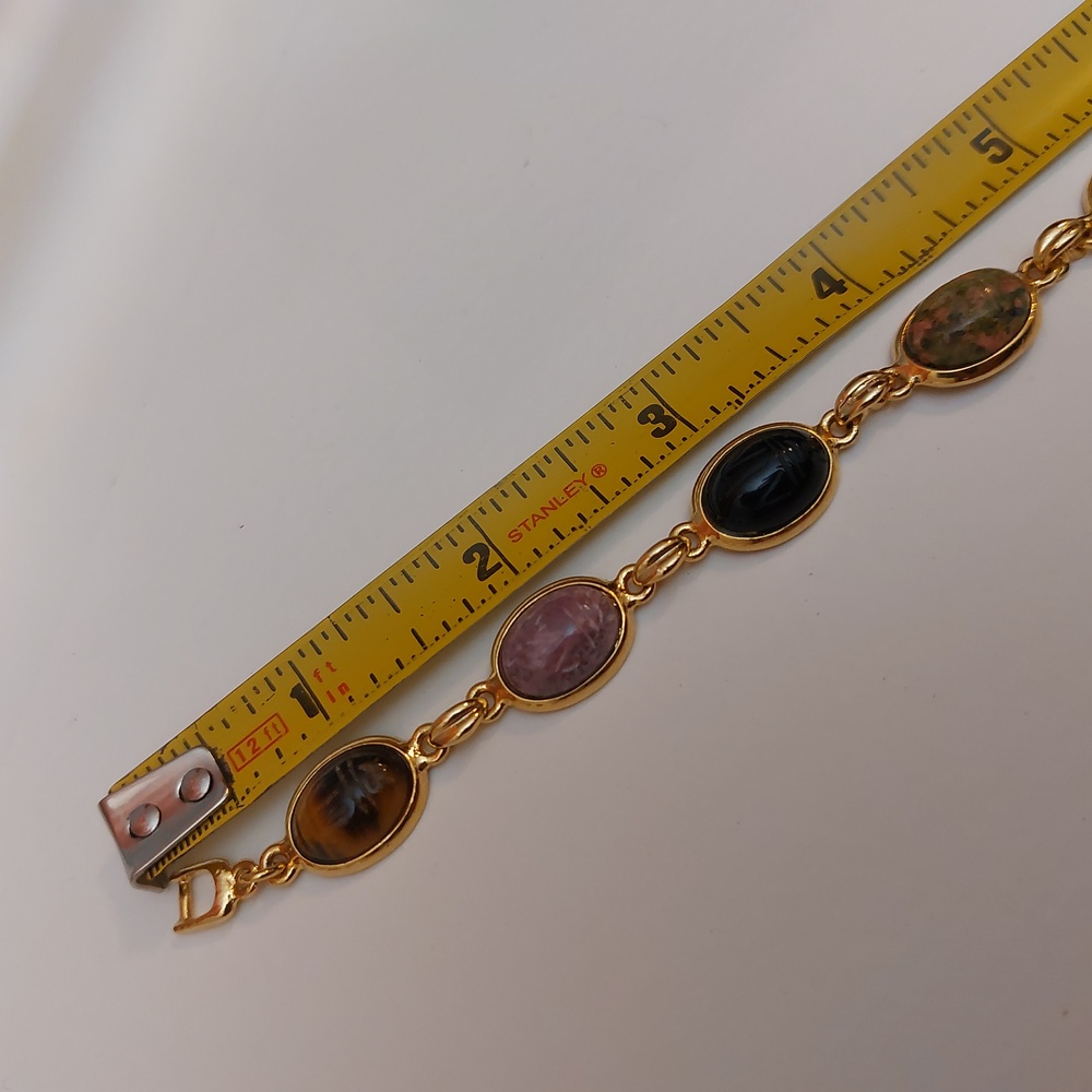 Multi Stones Scarab Bracelet Gold Tone Links Semiprecious Gems - Picture 7 of 9